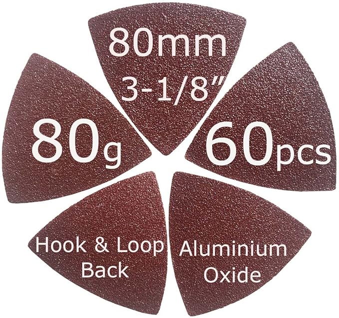 XXGO 60 Pcs 80 Grits 3-1/8 Inch 80mm Triangle Oscillating Tool Sanding Paper for Wood Sanding XG802080