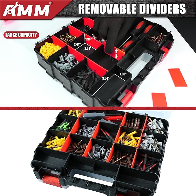 AMM Tool Box, Double Side Tool Box Organizer with 34 Compartments, Removable Dividers, Tackle Box Small Parts Screw Hardware Organizer for Screws, Nuts, Nails and Bolts (1 Piece, Red)