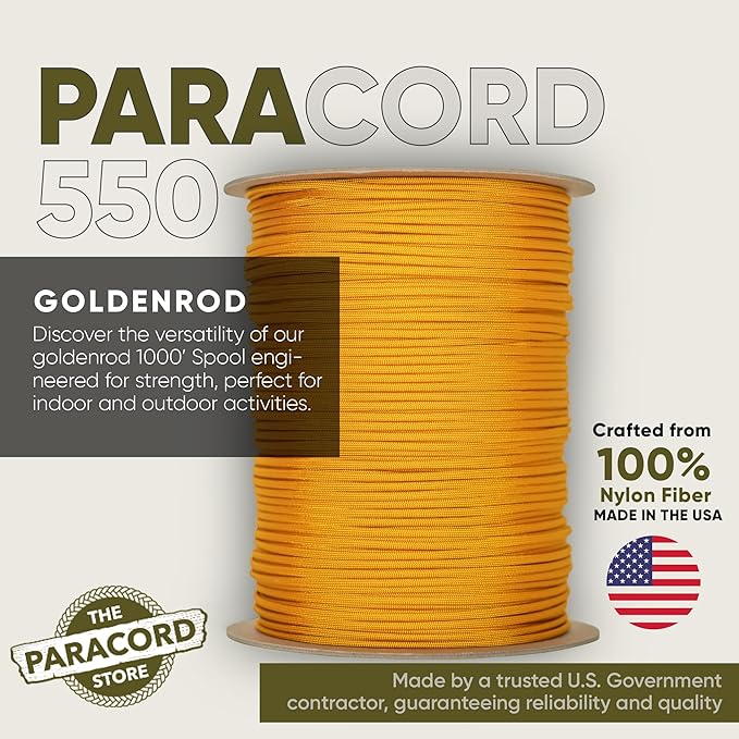 The Paracord Store | Type III 550 Paracord - 1000 FT Spool, Goldenrod | Heavy Duty 7 Strand Tactical Paracord - USA Made Nylon Outdoor Parachute Cord for Camping, Fishing & More - Survival Cord