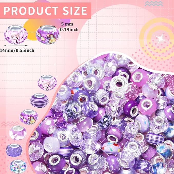 60Pcs Large Hole Beads Spacer Beads Purple Assorted European Craft Big Beads - Image 2