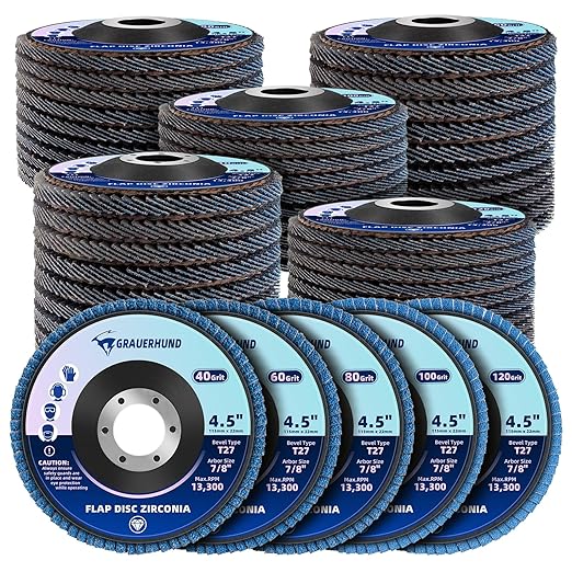 50 Pack Flap Discs 4 1/2" x 7/8" for Angle Grinder, 40/60/80/100/120 Grit T27 Flap Sanding Discs, 4 1/2 Inch Grinding Wheels, Zirconia Grinding Discs for Metal, Wood, and Stainless Steel Finishing