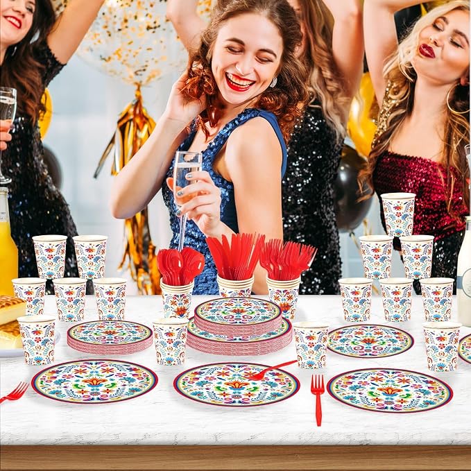168Pcs Mexican Fiesta Party Decorations, Serves 24 | Mexican Floral Plates and - Image 6