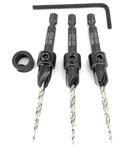 FTG USA Countersink Drill Bit Set for Wood with Tapered Drill Bit 3 Pc #6 (9/64")