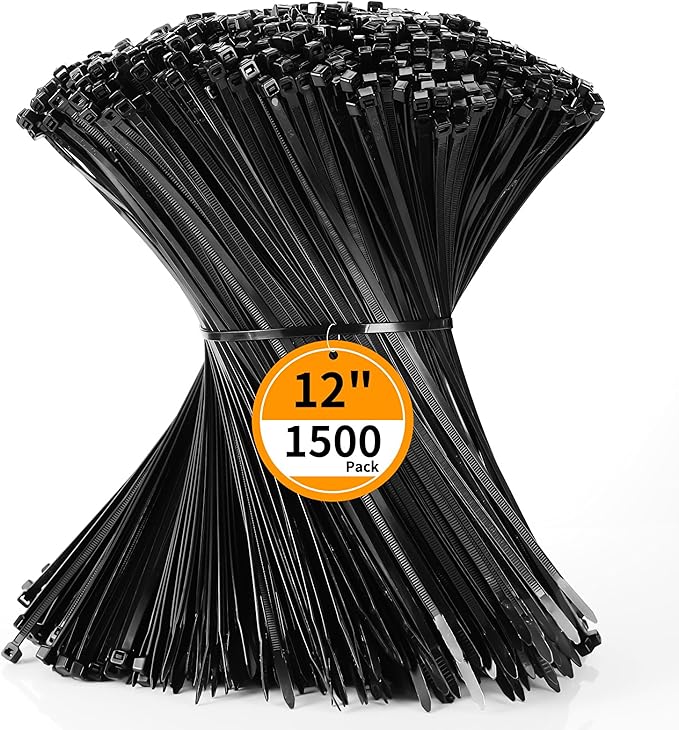 Cable Zip Ties 12 inch Cehony 1500 Pack Black Zip Ties Heavy Duty 50lbs Tensile Strength Plastic Zip Ties for Outdoor and Indoor Multi-Purpose Cable Ties Self-Locking UV Resistant Wire Ties Wraps