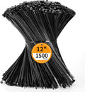 Cable Zip Ties 12 inch Cehony 1500 Pack Black Zip Ties Heavy Duty 50lbs Tensile Strength Plastic Zip Ties for Outdoor and Indoor Multi-Purpose Cable Ties Self-Locking UV Resistant Wire Ties Wraps