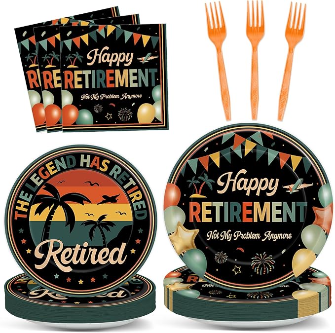 Qyeahkj 100 Pcs Retirement Party Plates and Napkins Set Happy Retired Birthday by Qyeahkj