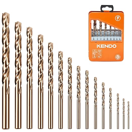 KENDO 15PCS Cobalt Drill Bit Set (1/16"-3/8"), M35 High Speed Steel,Twist Jobber Length for Hardened Metal, Stainless Steel, Cast Iron, Wood and Plastics, with Metal Index Storage Box