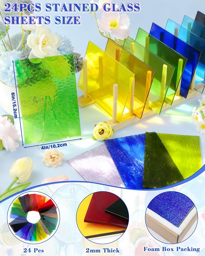 FIVEIZERO 24 Sheets Rainbow Transparent Stained Glass Sheets 4x6 Inch – Mixed - Image 2
