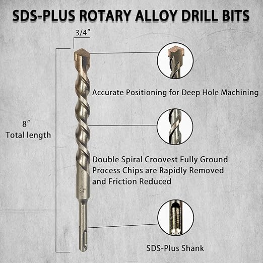 Direko 10-Piece 3/4 inch x 8 Inch SDS Plus Rotary Hammer Drill Bits Carbide Tipped Concert Drill Bits for Concrete, Brick, Cement Walls, Stone, Hammer Drill Bits for Concrete