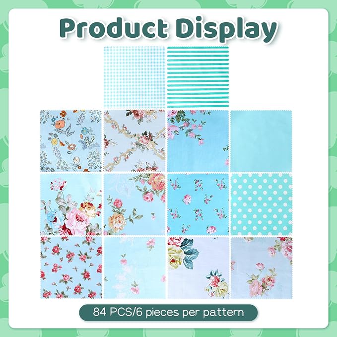 84 Pcs Green Floral Patterns Cotton Fabric Squares, Cotton Quilting Fabric - Image 4