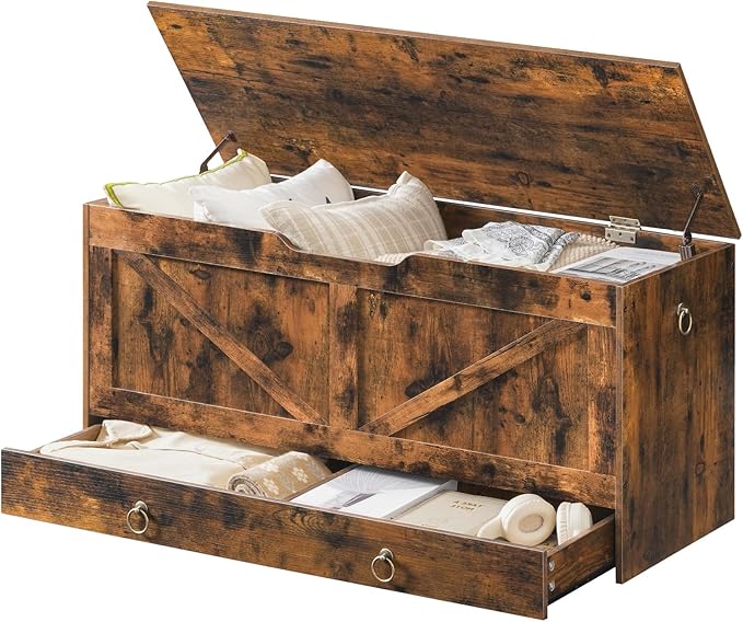 HOOBRO Storage Chest, 43.3" Toy Chest with Drawer, Wooden Storage Bench, Sturdy Entryway Bench Supports 220 lb, Shoe Bench, Safety Hinge, U-Shaped Opening, Easy Assembly, Rustic Brown FG711CW01G1