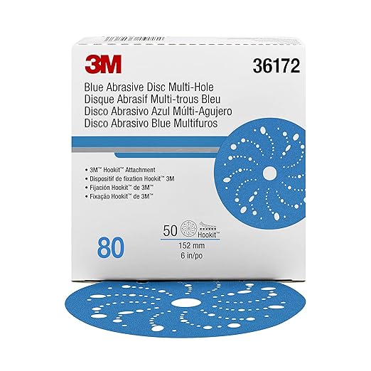 3M Hookit Blue Abrasive Discs 36172, Multi-Hole, 6 in, 80+ Grade, Pack of 50, Virtually Dust-Free, for Auto Sanding, Body Repair, Featheredging, Primer Sanding, Paint Preparation, E-Coat Sanding