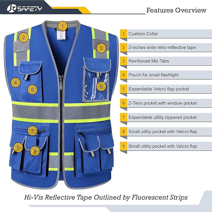 JKSafety 10 Pockets Hi-Vis Zipper Front Fluorescent Blue Safety Vest | Cushioned Collar | High Reflective Tapes with Extended Neon Yellow Strips | Meets ANSI/ISEA Standards (4X-Large, 89-Blue)