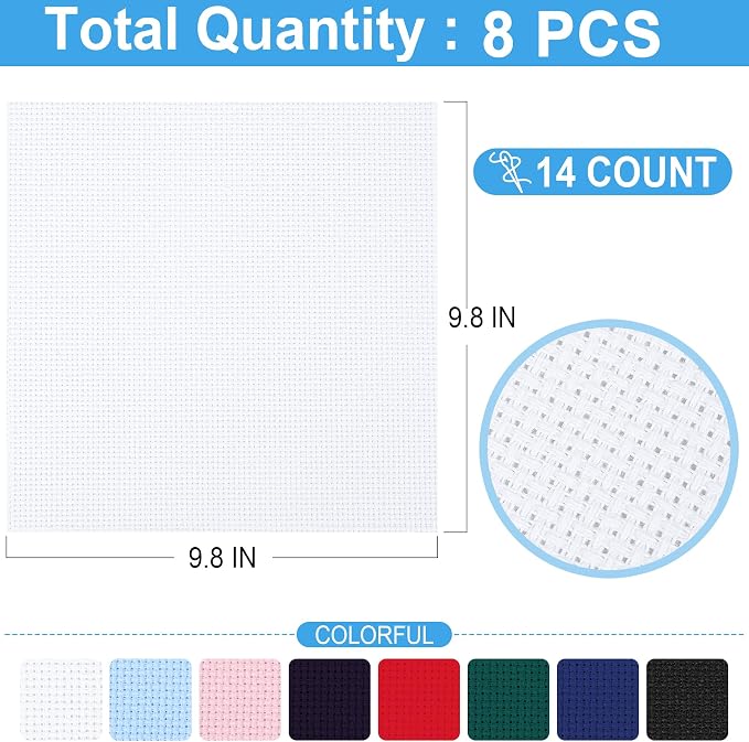 8 PCS Cross Stitch Aida Fabric 14 Count, 8 Colors 9.8 by 9.8 Inch, Classic - Image 2