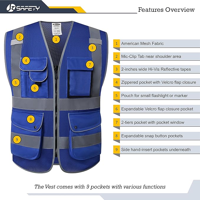 JKSafety 9 Pockets High Visibility Safety Vest for Men and Women, Hi-Vis Reflective Blue Safety Vests with Zipper Front, Meet ANSI/ISEA Standards (159-Blue 4XL)