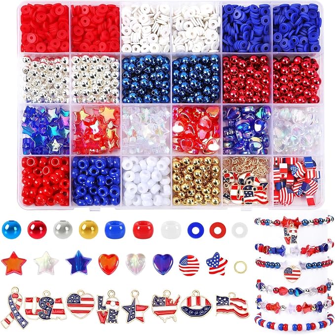 UPINS Patriotic Bracelet Making Kit Red White Blue Beads by UPINS