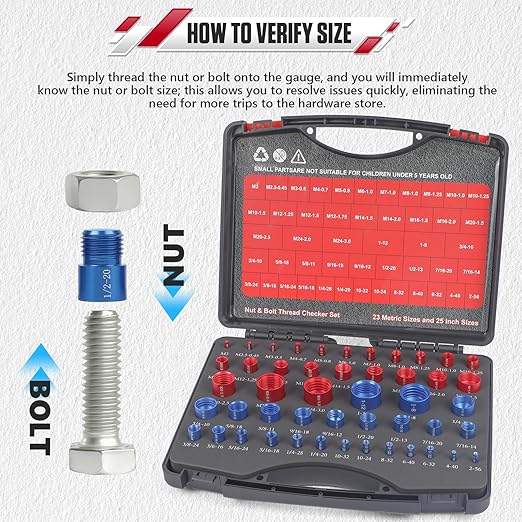 48Pcs Nut and Bolt Thread Checker Kit (25 Standard & 23 Metric), Detachable Bolt Size for Narrow and Tricky Spaces with Sturdy Case ScrewThread Gauge