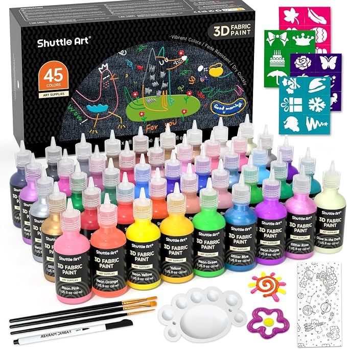 Shuttle Art Fabric Paint Set, 45 Colors 3D Permanent Paint by ShuttleArt