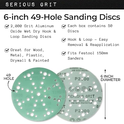 6-Inch 49-Hole 2000 Grit Sanding Discs - Heavy-Duty Hook & Loop Film Discs - Sandpaper for Random Orbital Sanders - 50 Pack Box