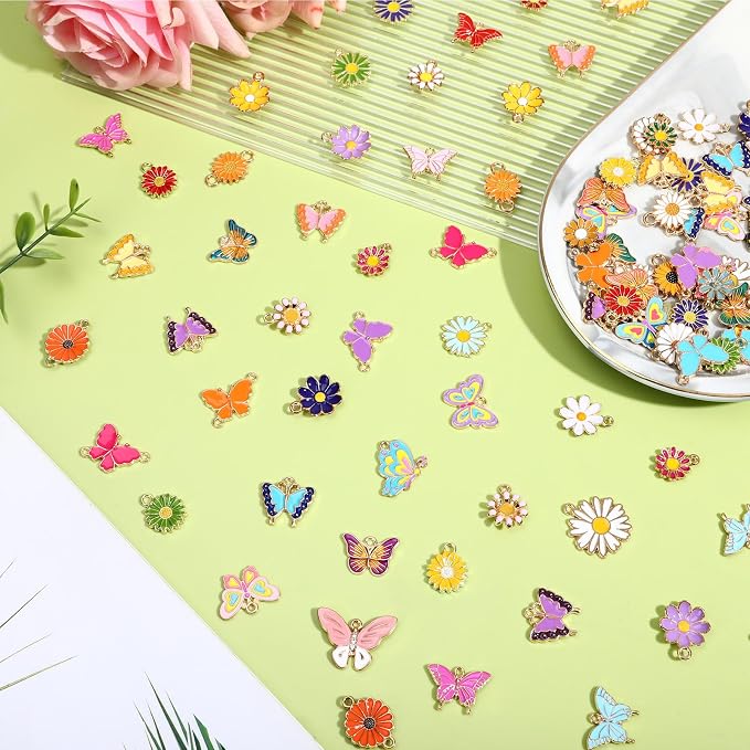 SANNIX 110Pcs/55 Pairs Mixed Flower Butterfly Charms - Image 4