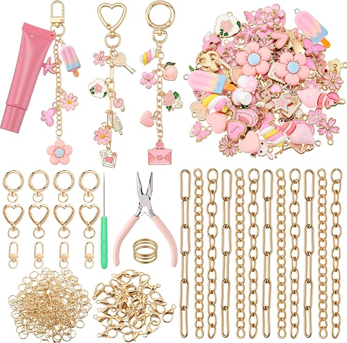 VioraWhite 457 Pcs Pink Charms Lip Gloss Keychain Making Kit, DIY Craft by VioraWhite
