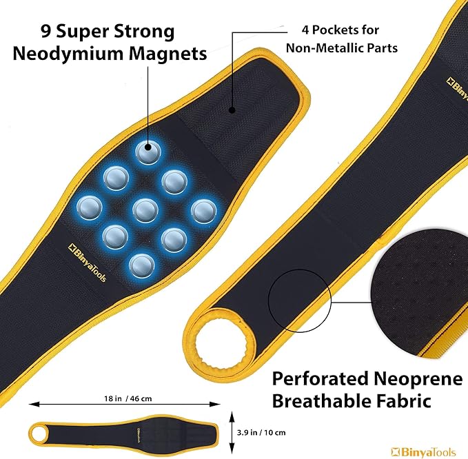 BINYATOOLS Magnetic Wristband -Black- with Super Strong Magnets Holds Screws, Nails, Drill Bit. Unique Wrist Support Design Cool Handy Gadget Gifts for Fathers, Boyfriends, Handyman, Electrician
