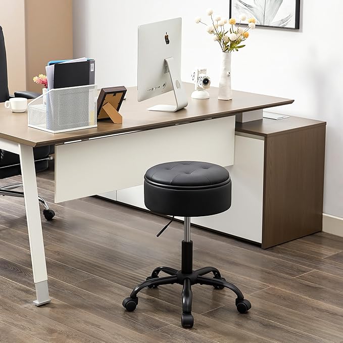 Drafting Chair with Storage, Adjustable Leather Drafting Stool 20.67"-24.61", Black Rolling Office Stool