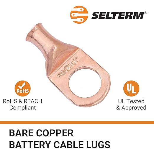 SELTERM 25pcs 6 AWG 1/2" Stud Battery Lugs, Ring Terminals, Heavy Duty Copper Wire Lugs, Battery Cable Ends, 6 Gauge Ring Terminal Connectors, UL Bare Copper Eyelets Electrical Battery Cable Lugs
