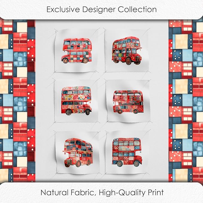 Patchwork Double-Decker Bus Cotton Fabric Panel – 6 Designs + Bonus Sheet - Image 5