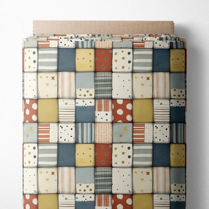 Soft Neutral Patchwork Cotton Fabric Panel 61 x 36.6 Inches, Minimal Geometric by FabricsTown