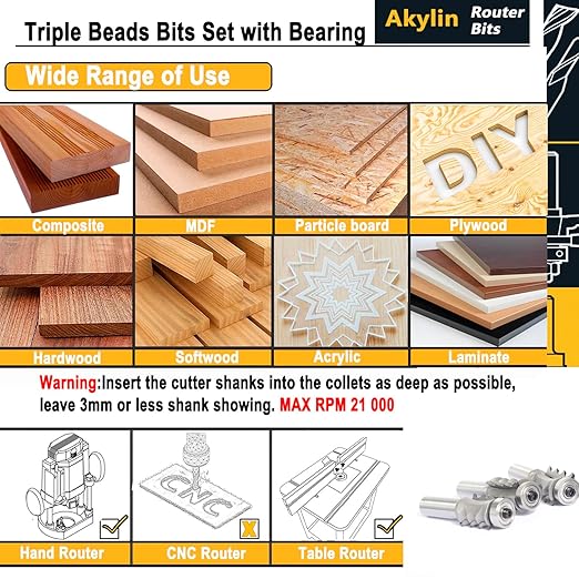 5pcs Triple Beading Router Bit Set,1/2" Shank,Radius 3/32",1/8",5/32", 5/32" and 3/16",Bearing Guided Cutters for Wood Multiple Beads Profiling,Molding,Edging