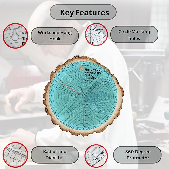 Clearly Printed 250mm Circle Center Finder Tool, Protractor, and Circle Maker Tool and Compass for Woodworking and Wood Turning. Find The Center of Timber or Dowel with Our Center Finder Ruler.