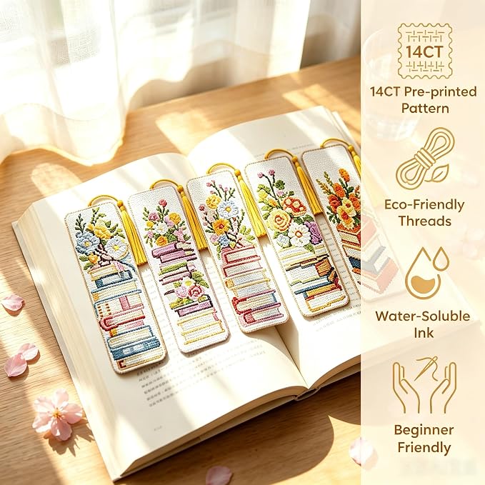 5PC Book Flowers Counted Cross Stitch Bookmark Kit - Image 2