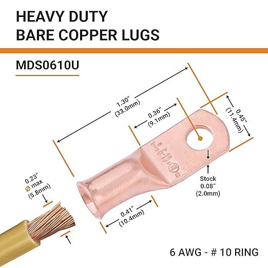 SELTERM 2pcs 6 AWG #10 Stud Copper Wire Lugs, Battery Lugs, Ring Terminals, Battery Cable Ends, 6 Gauge Ring Terminal Connectors, UL Heavy Duty Bare Copper Eyelets Battery Terminal Connectors
