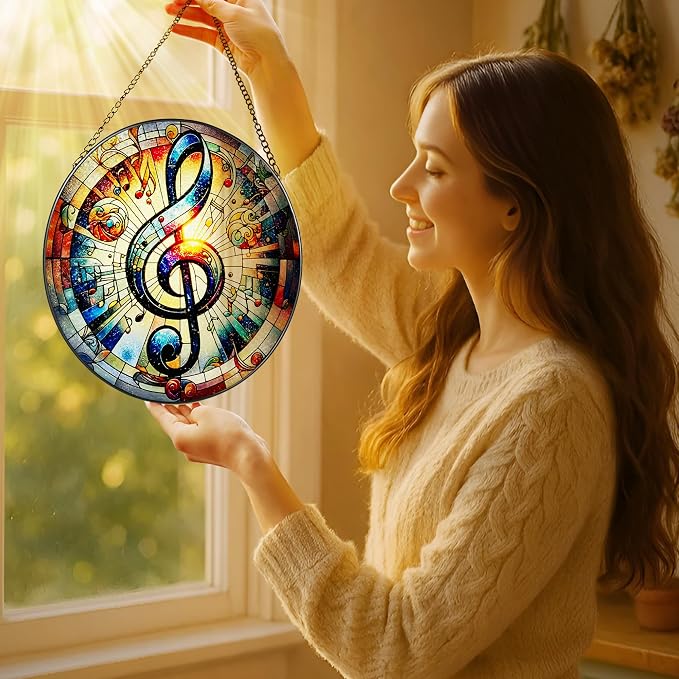 Stained Glass Window Hanging, LAOWEIKI 8'' Musical Note Suncatcher, Stained - Image 2