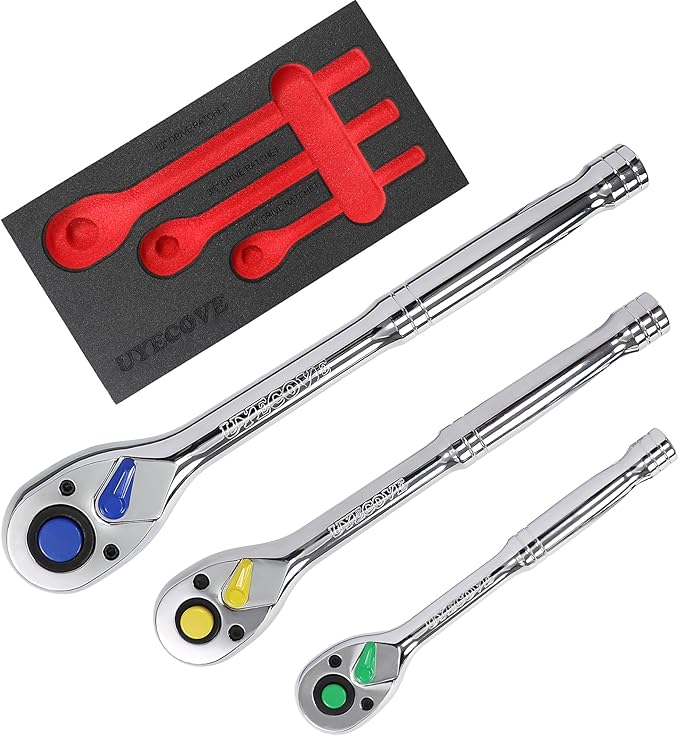 3-Piece Ratchet Set - 1/4, 3/8, 1/2 Inch Drive Socket Wrench Set - 72-Tooth Reversible Colorful Ratchet With IXPE Storage Tray