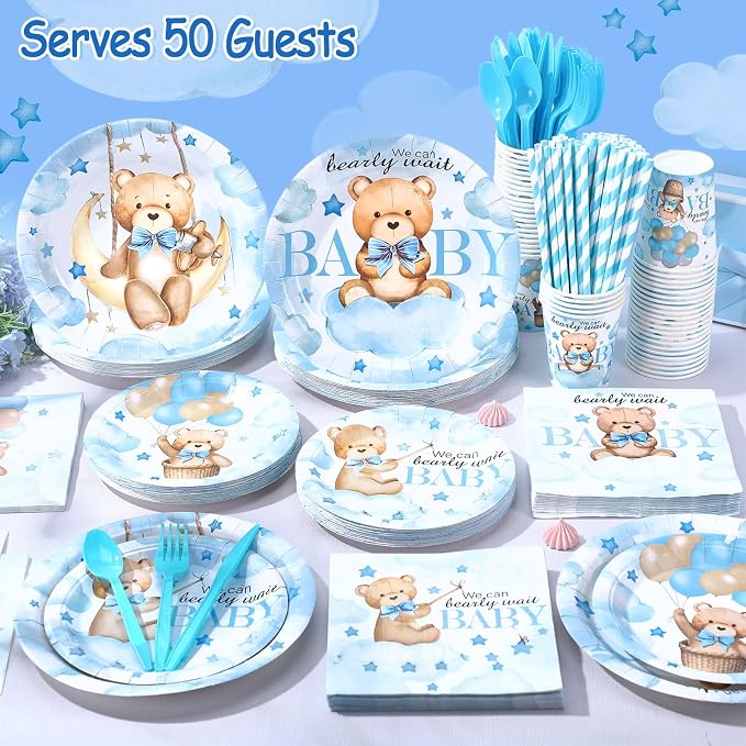 450 Pcs Blue Bear Baby Shower Tableware Set Decorations, We Can Bearly Wait - Image 6