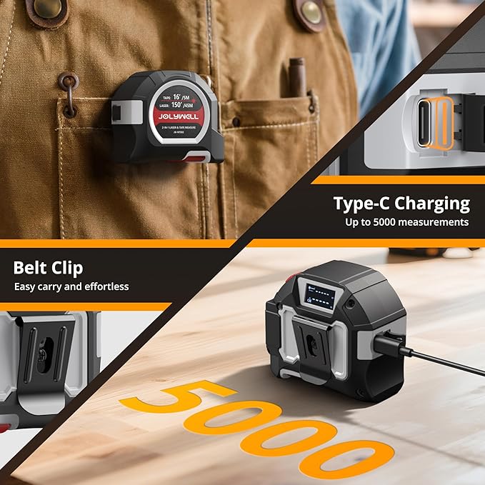 2-in-1 Laser Tape Measure, 152Ft Rechargeable Laser Measurement Tool & 16Ft Self-Locking Tape, Movable Magnetic Hook, Supports Ft/in/M, Area, Volume, Pythagoras for Construction, DIY, Woodworking
