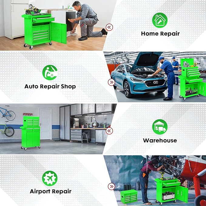 5-Drawer Rolling Tool Chest with Wheels - Large Tool Storage Cabinet with Detachable Toolbox for Repair Room,Warehouse - Rolling Tool Box with Hooks,Liners, Green