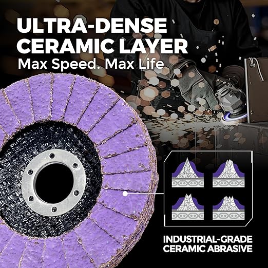 5-Pack 4.5" x 7/8" Ceramic Flap Disc, 60 Grit, Bevel Type #29, Premium Industrial Grade, High-Performance Angle Grinder Grinding Wheel for Edge Grinding - Purple