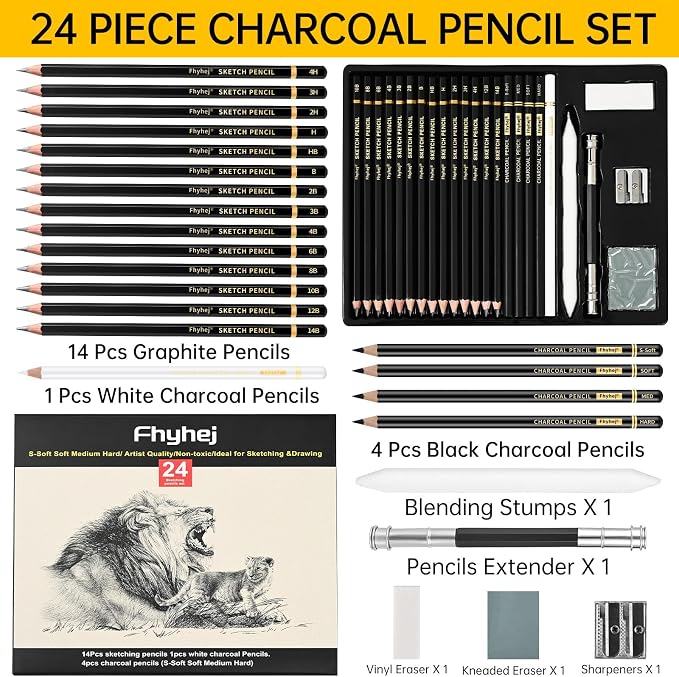 24 Piece Sketch Pencil Set, Graphite Charcoal - Image 3