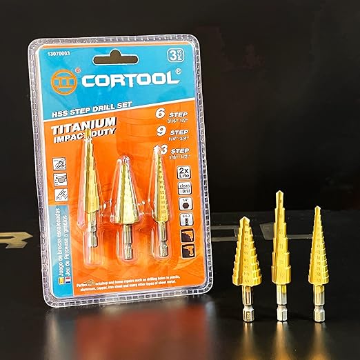 Titanium Step Drill Bit Set - 3PCS High Speed Steel Unibit, 1/4" Shank, Total 28 Sizes 3/16" - 1/2"