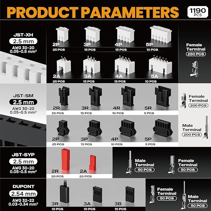 SOMELINE Crimp Tool Connector Kit, JST-XH/SM/SYP 2.5mm and Du pont 2.54mm Connector Set, 27 Types of Connectors, 30-20 AWG Ratcheting Crimper for JST Series,KF2510,Molex,AMP EI Series