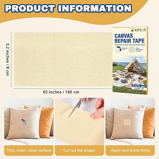 Canvas Repair Tape, 3.2 x 63 Inch Waterproof Heavy Duty Fabric Tape for Furniture, Self Adhesive Canvas Repair Patches for Boat Covers, Sofas, Tents, Louge Chairs, Canopy, Awning Navy Blue