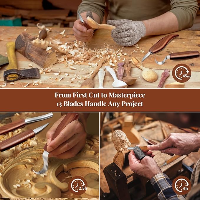 Wood Carving Kit for Adults & Beginners - 29-Piece Professional Set with Leather Tool Roll, 7 Whittling Knives + 6 Detail Gouges, Splinter-Free Wooden Handles for Woodworking & DIY Gifts