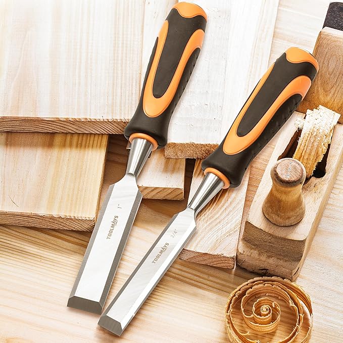 4-Piece Wood Chisel Set, Carbon Steel Blades with Ergonomic Handle, 3/8" 1/2" 3/4" 1" for Woodworking, Durable Metal Strike Cap (5-inch Handle for Comfortable Grip)