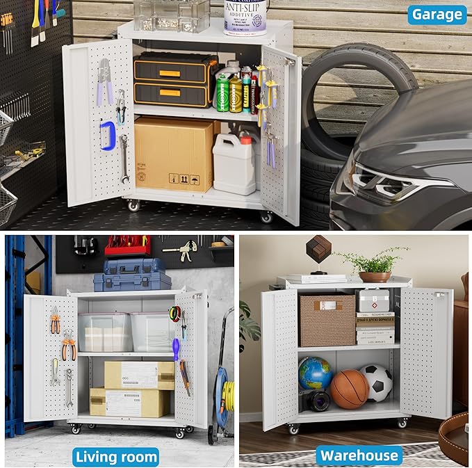 Garage Storage Cabinet with Wheels & Pegboard, 34.3" H Locking Metal Tool Storage Cabinet with Doors and Shelf & 4 Hooks for Garage, Home, Workshops, Assembly Required, White
