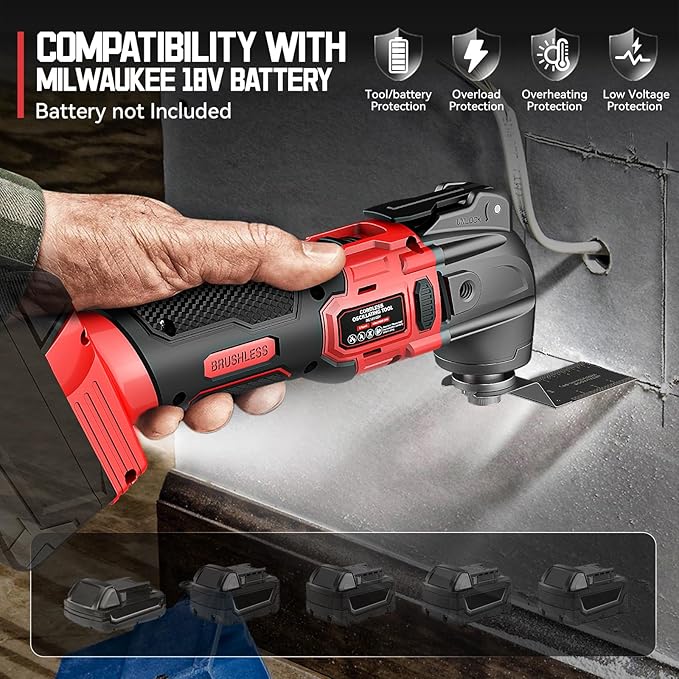 Cordless Oscillating Tool Compatible with Milwaukee 18V Battery, 6 Variable Speed Brushless-Motor Tool, Oscillating multi tool kit for Cutting Wood Nails Remove Grout & Sanding(Not Battery)
