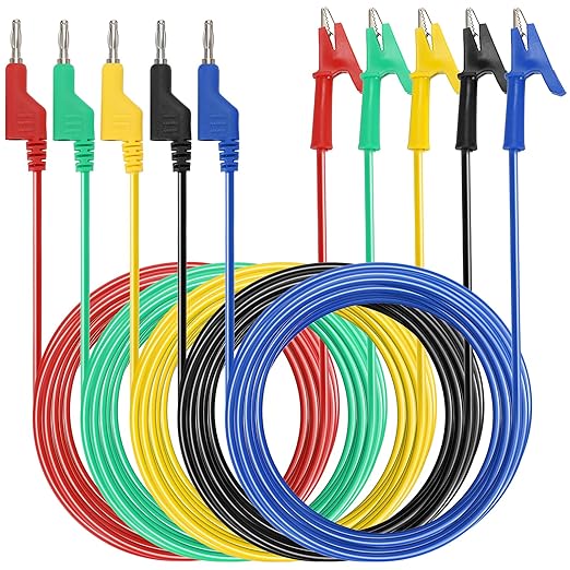 Sumnacon Multimeter Banana Plug to Crocodile Alligator Clip Test Probe, 5PC 4mm Stackable Colorful Silicone Banana Plug to Alligator Clip Test Probe Lead Wire Cable 9.8Ft/3M