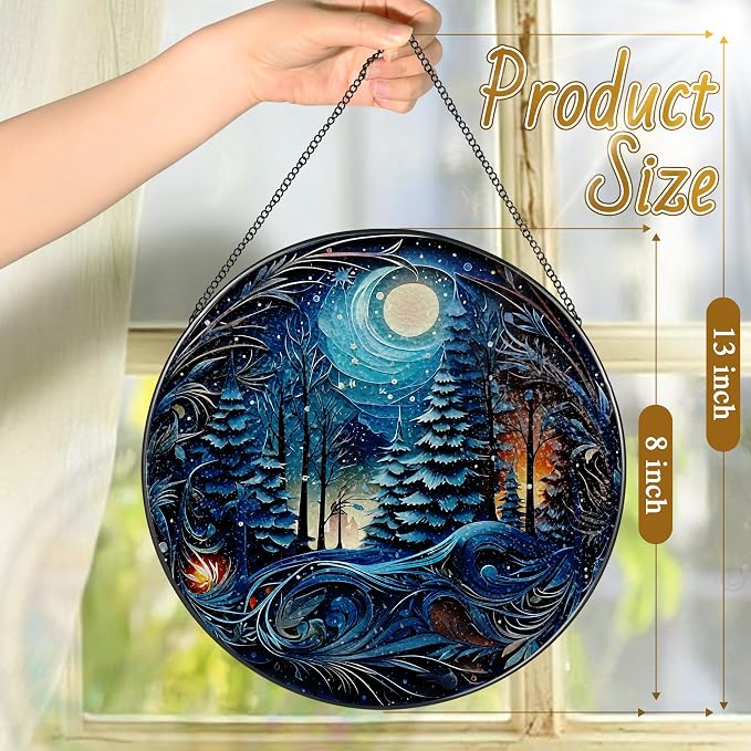 8-Inch Starry Night Forest Suncatcher Ornament, Stained Glass Window Hanging & - Image 4